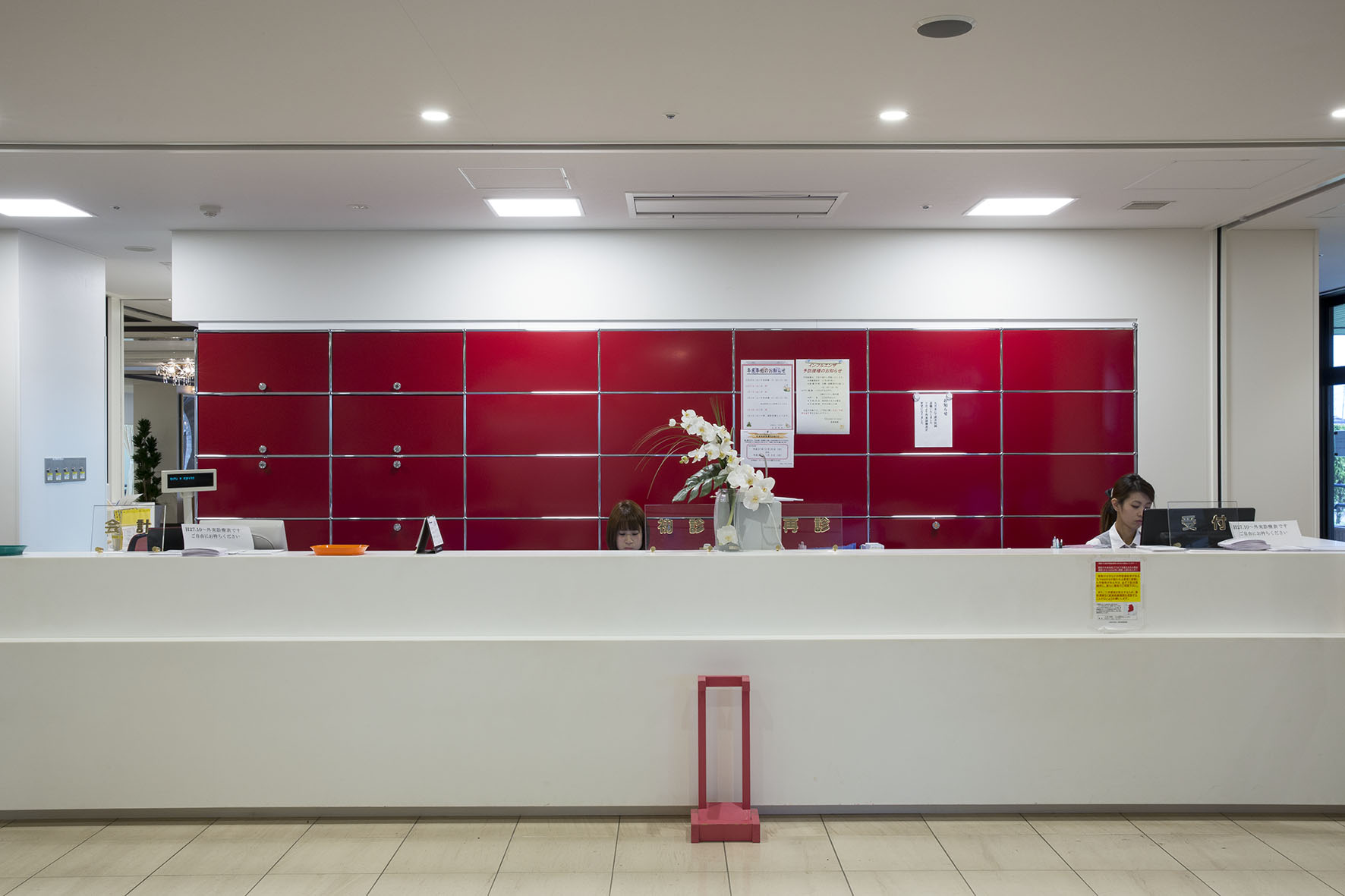 red reception desk